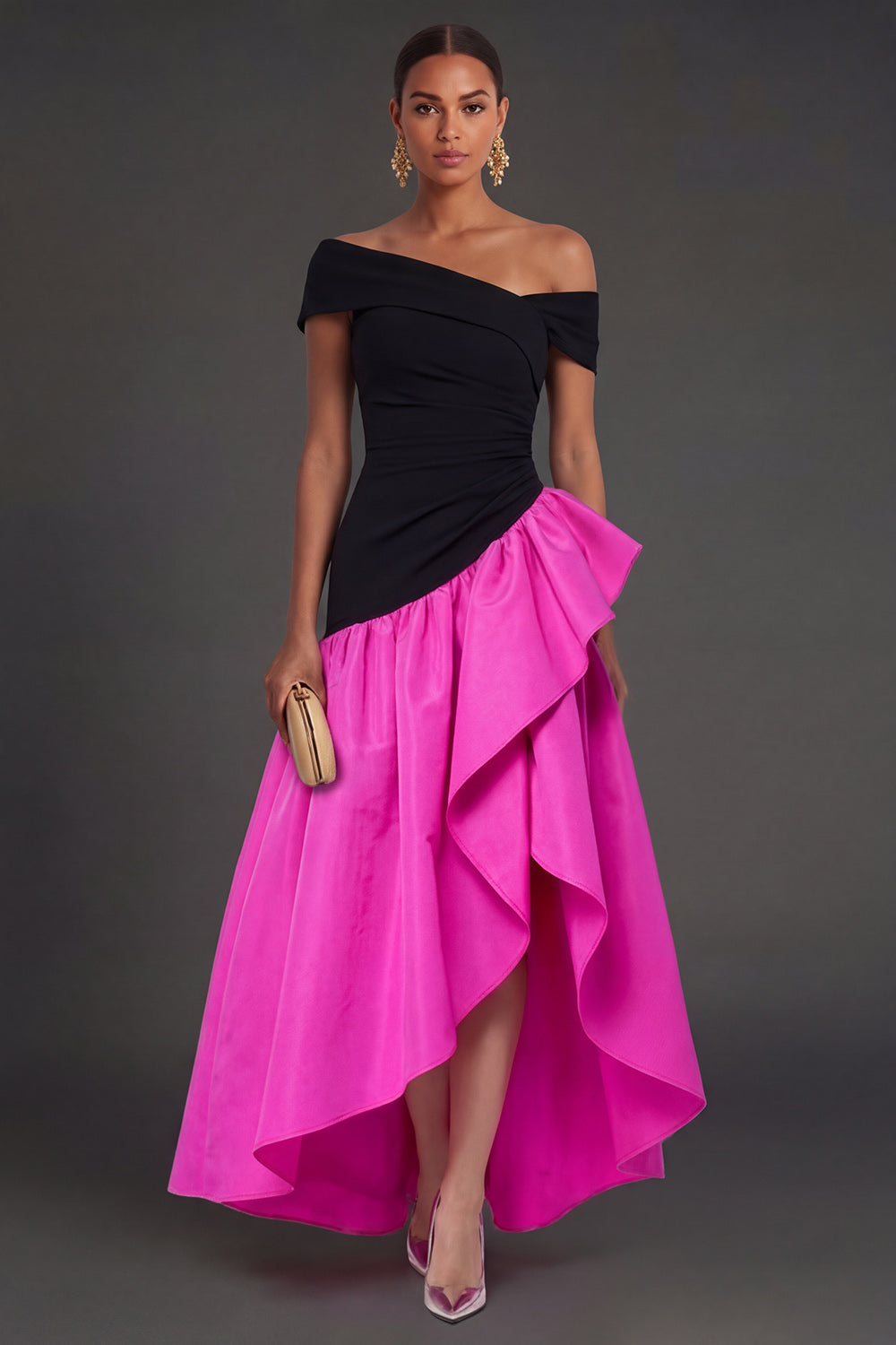 Fuchsia and Black A Line Ruffled One Shoulder High Low Formal Dress
