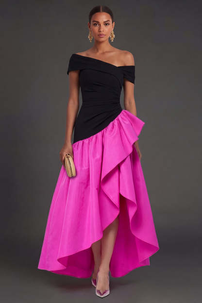 Leely Women Fuchsia and Black A Line Ruffled High Low Formal Dress One Shoulder Backless Sleeveless Ruched Evening Dress