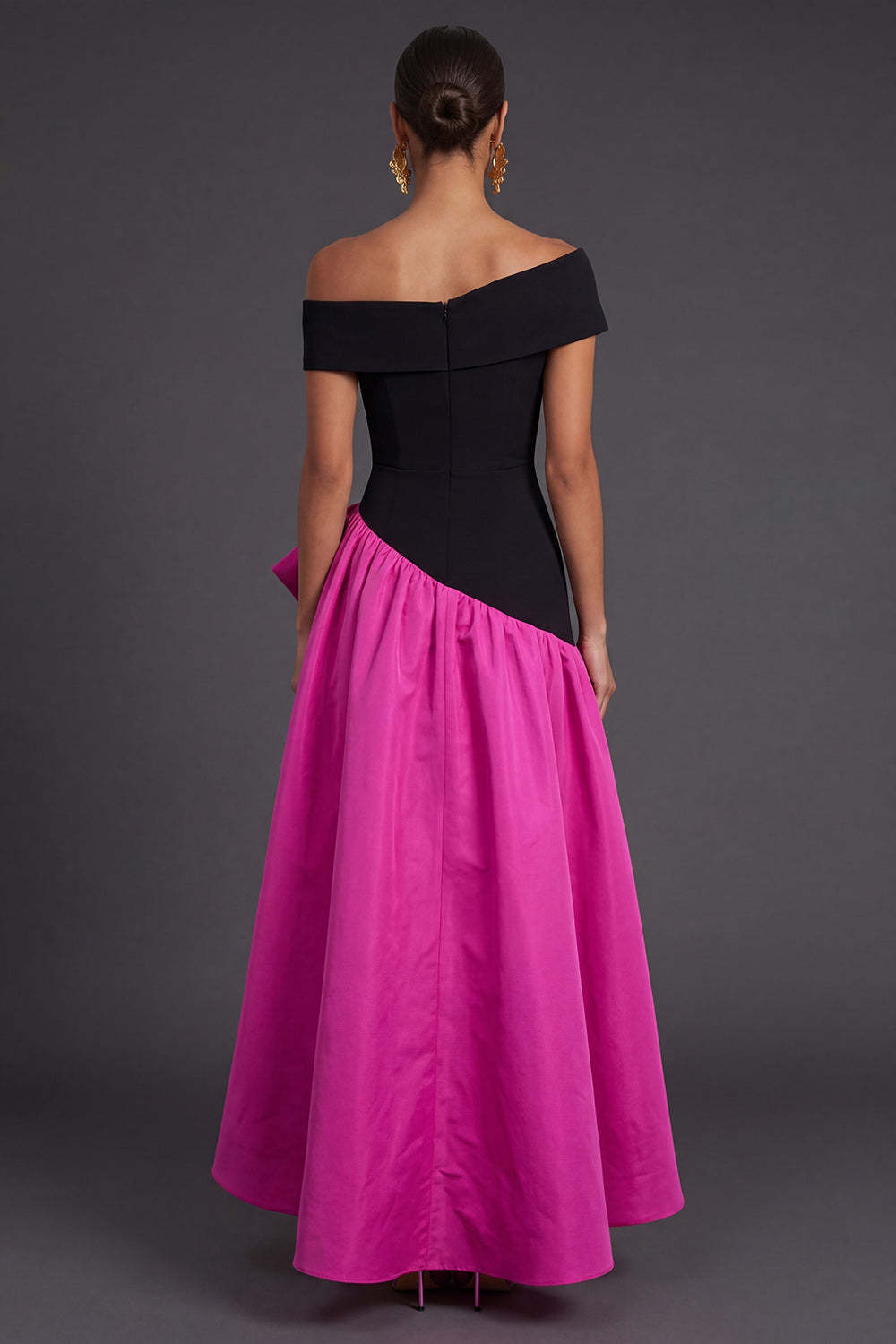Fuchsia and Black A Line Ruffled One Shoulder High Low Formal Dress