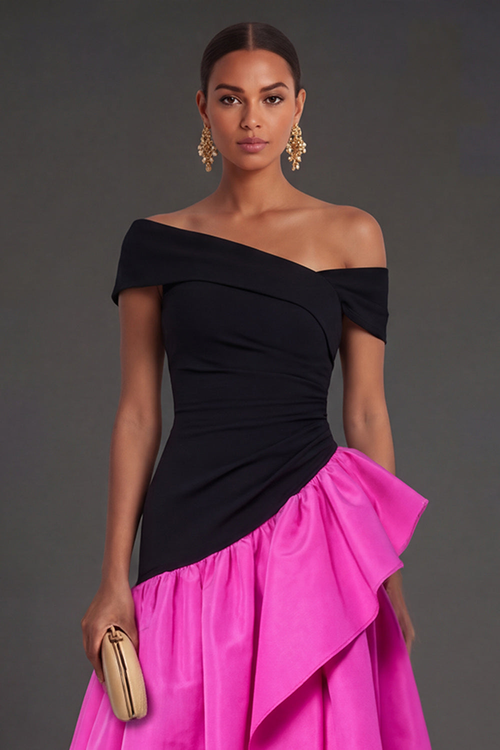 Fuchsia and Black A Line Ruffled One Shoulder High Low Formal Dress