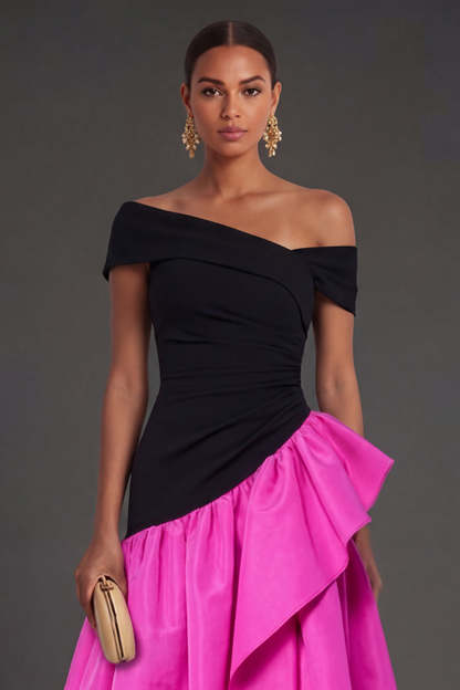 Fuchsia and Black A Line Ruffled One Shoulder High Low Formal Dress