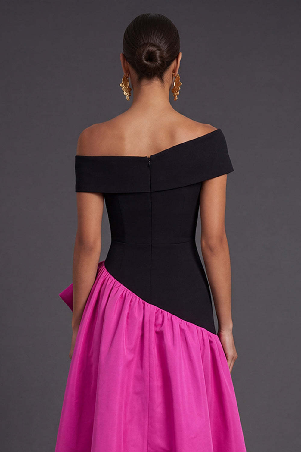 Fuchsia and Black A Line Ruffled One Shoulder High Low Formal Dress