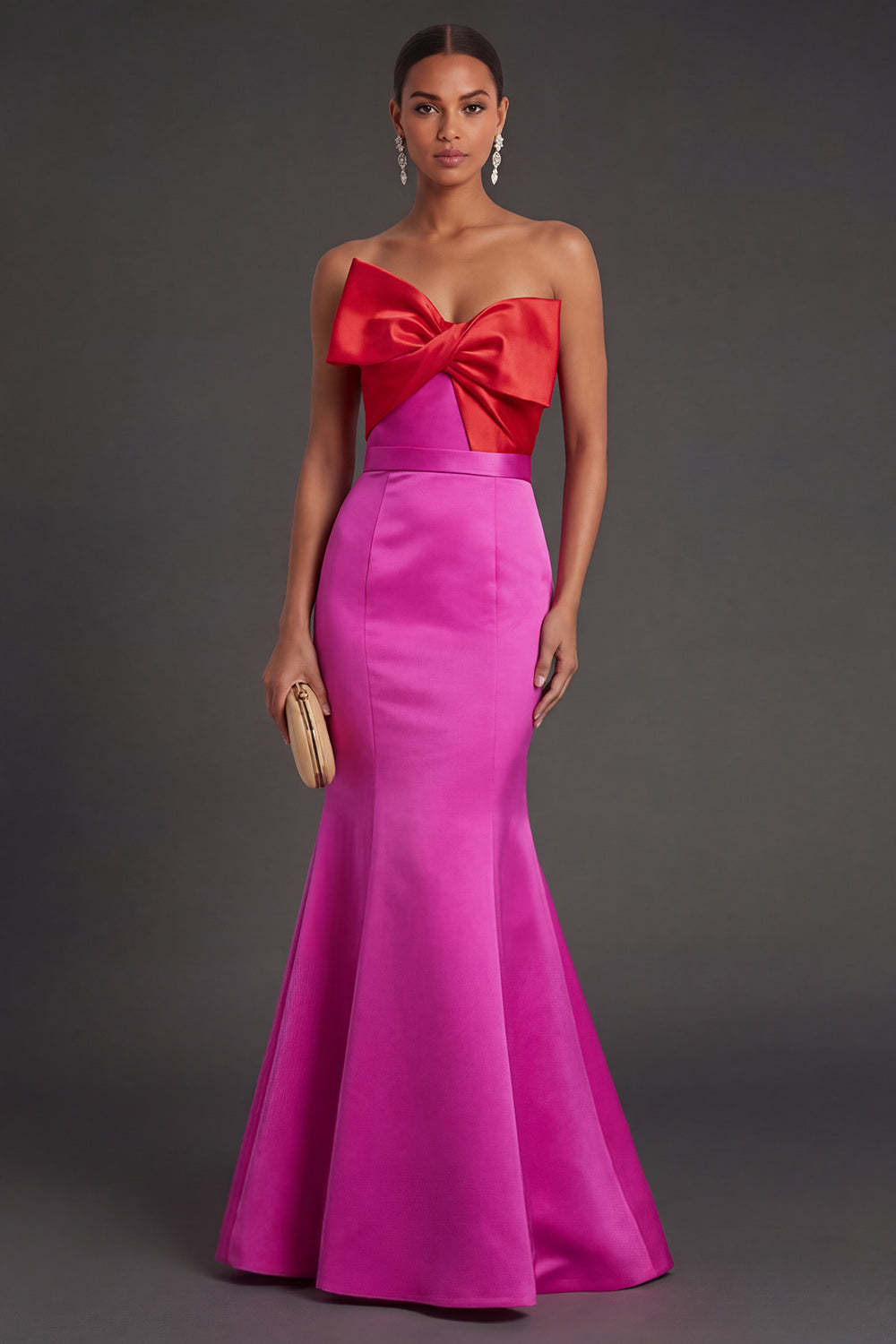 Leely Women Fuchsia and Red Mermaid Long Formal Dress with Bow Satin Strapless Backless Wedding Guest Dress