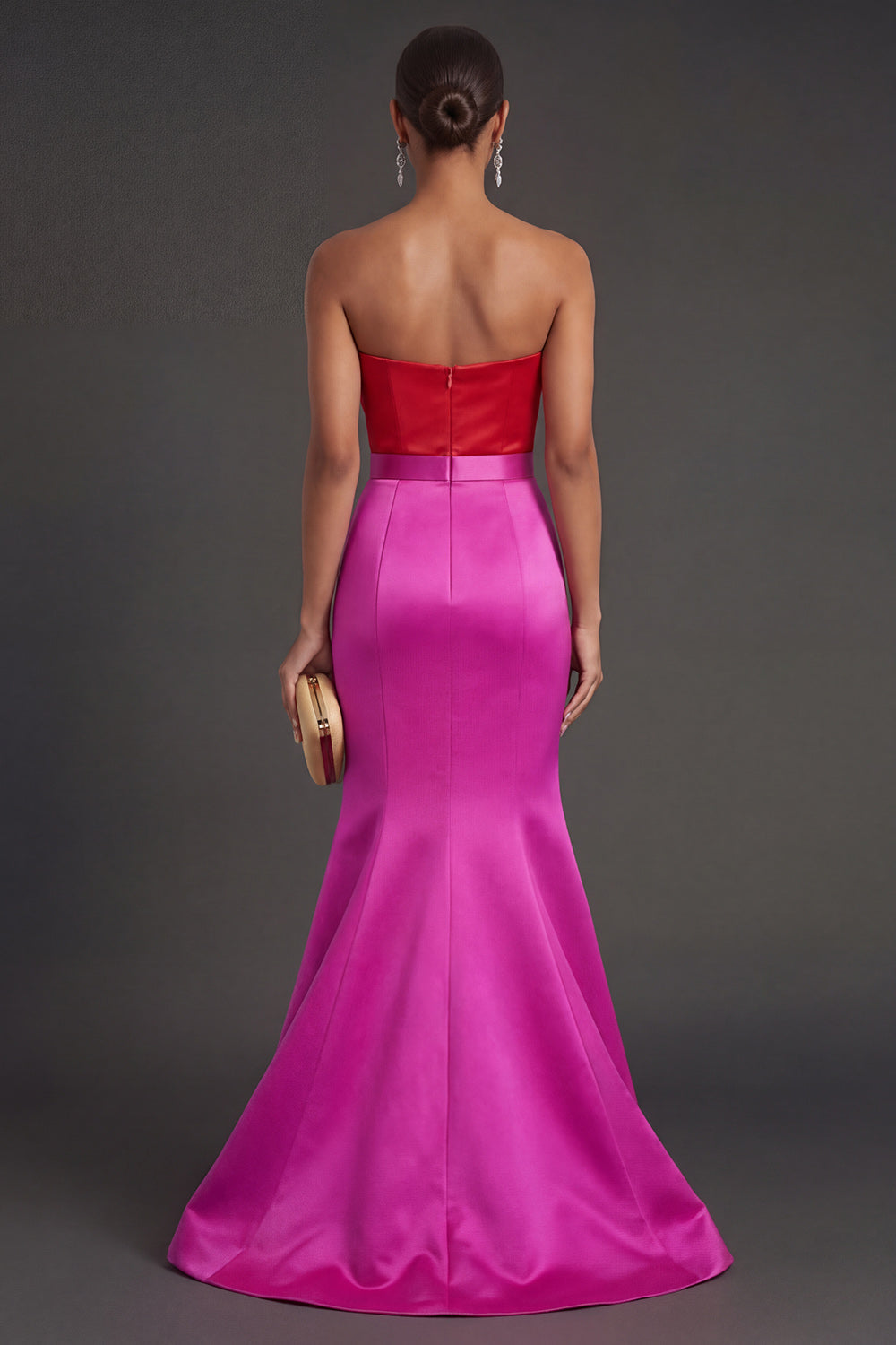 Fuchsia and Red Mermaid Satin Strapless Backless Long Formal Dress with Bow
