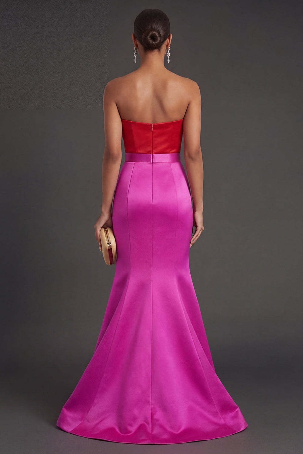 Fuchsia and Red Mermaid Satin Strapless Backless Long Formal Dress with Bow