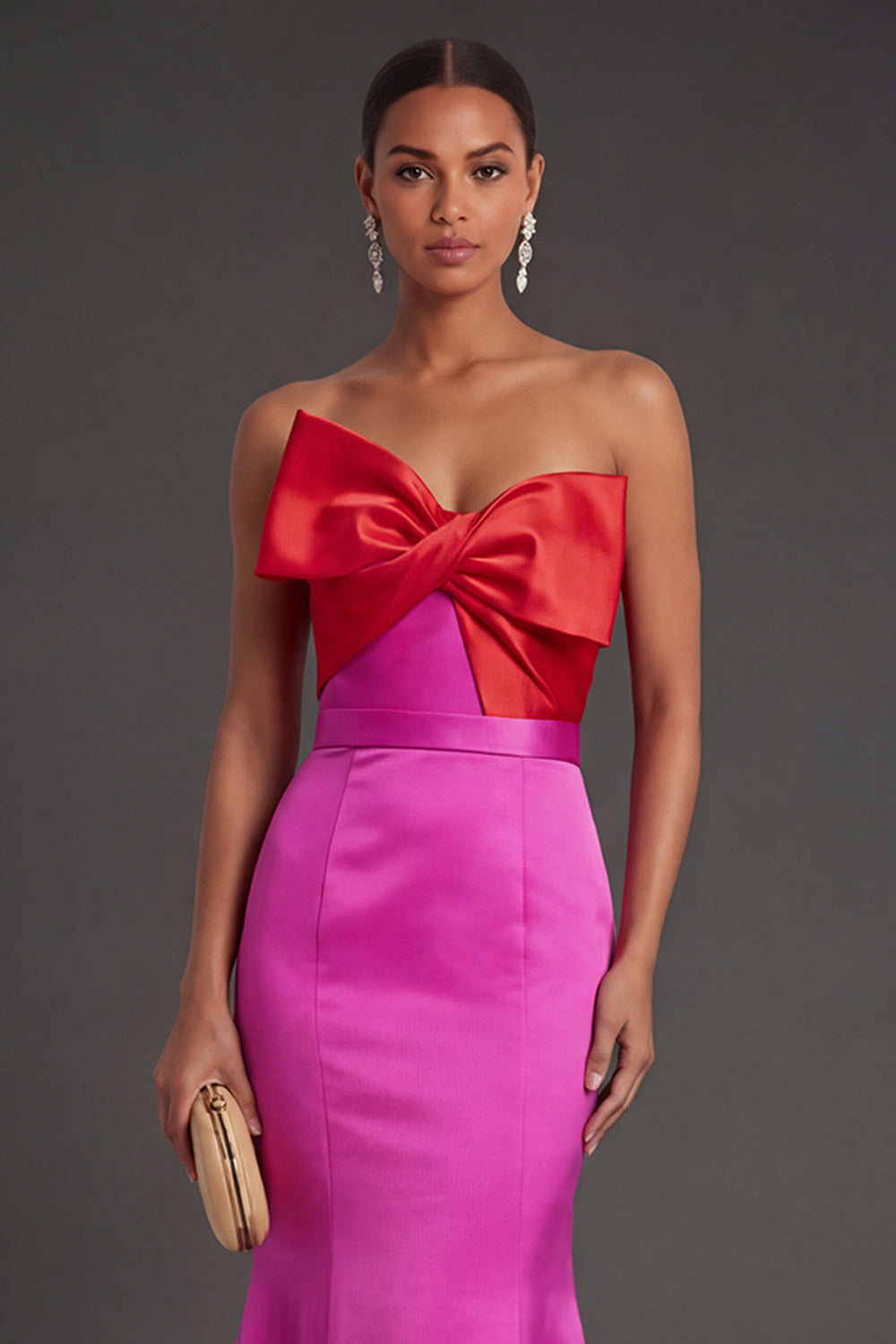 Fuchsia and Red Mermaid Satin Strapless Backless Long Formal Dress with Bow