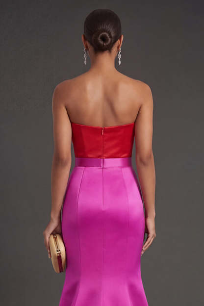 Fuchsia and Red Mermaid Satin Strapless Backless Long Formal Dress with Bow