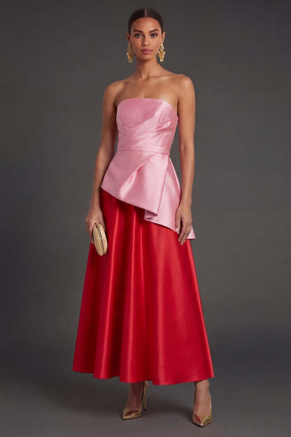 Leely Women Pink and Red A Line Satin Strapless Long Formal Dress Ruched Backless Sleeveless Evening Dress