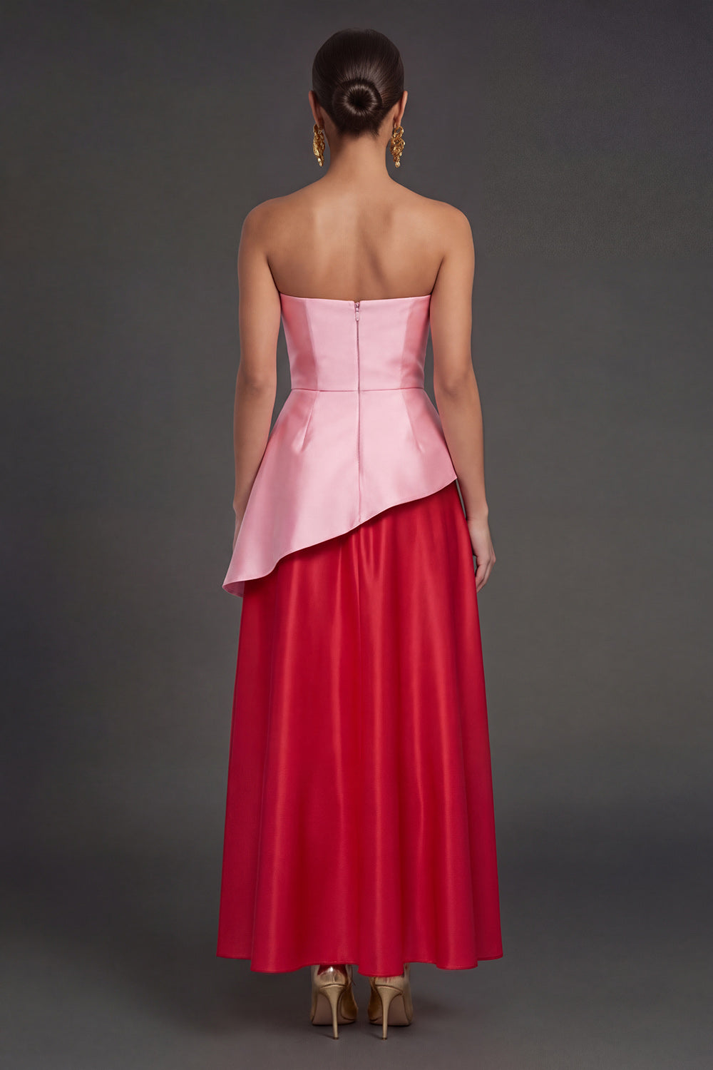 Pink and Red A Line Satin Ruched Strapless Long Formal Dress