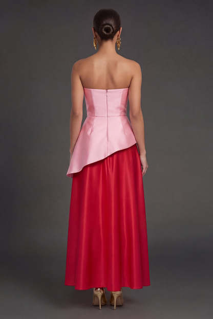 Pink and Red A Line Satin Ruched Strapless Long Formal Dress