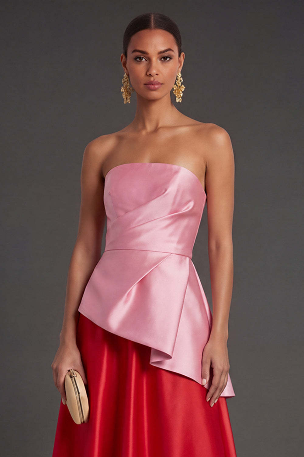 Pink and Red A Line Satin Ruched Strapless Long Formal Dress