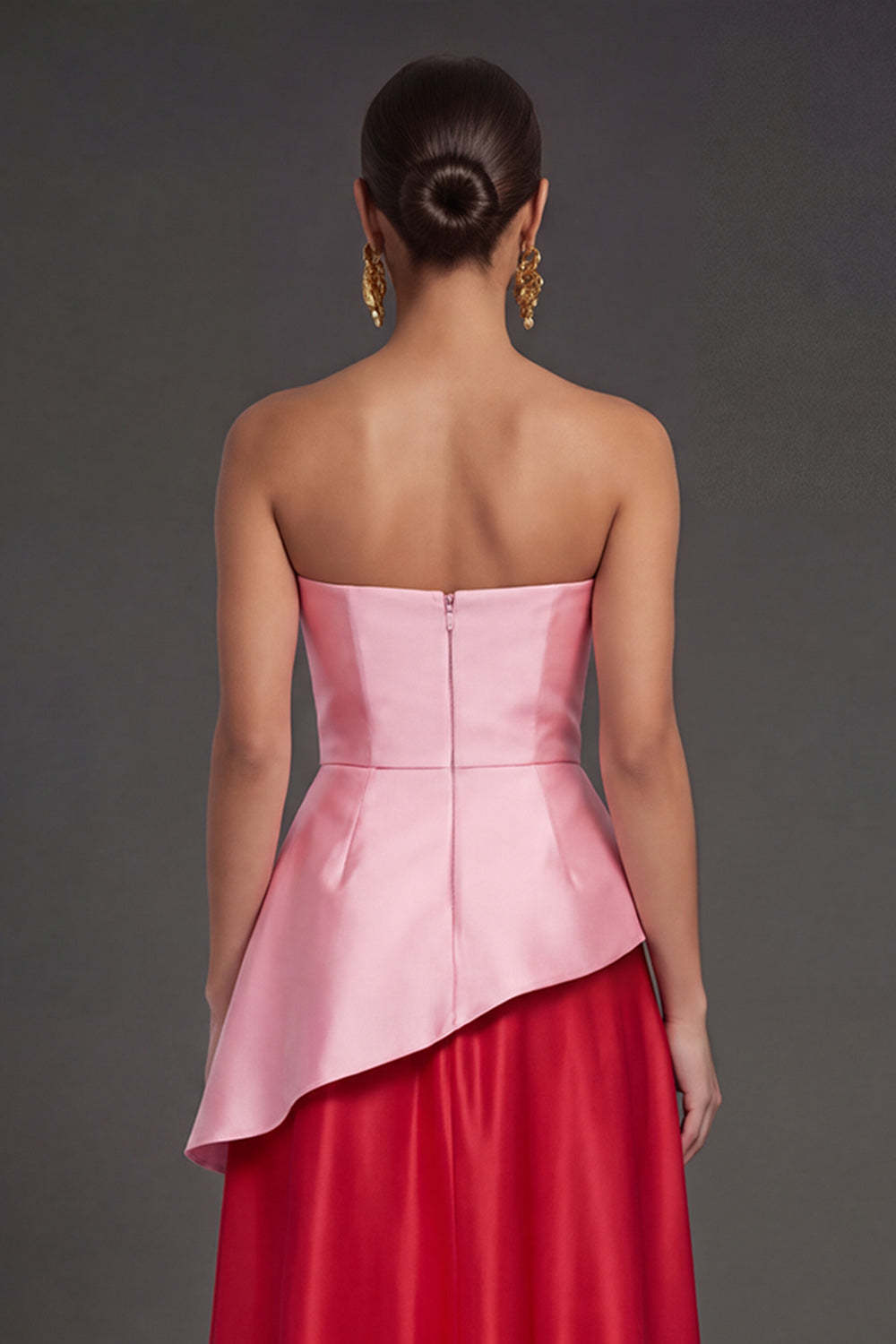 Pink and Red A Line Satin Ruched Strapless Long Formal Dress