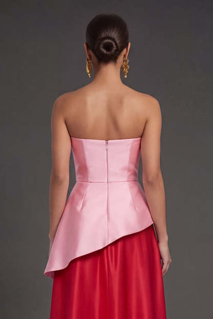 Pink and Red A Line Satin Ruched Strapless Long Formal Dress