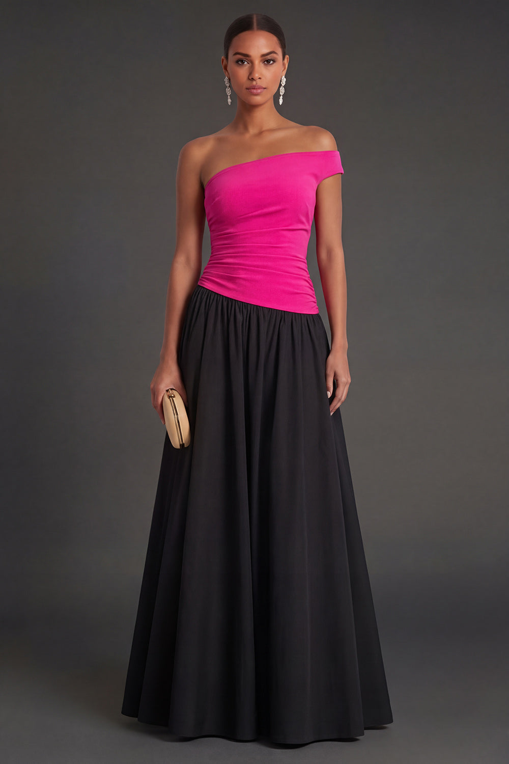 Leely Women Fuchsia and Black A Line Ruched Long Formal Dress One Shoulder Backless Sleeveless Wedding Guest Dress