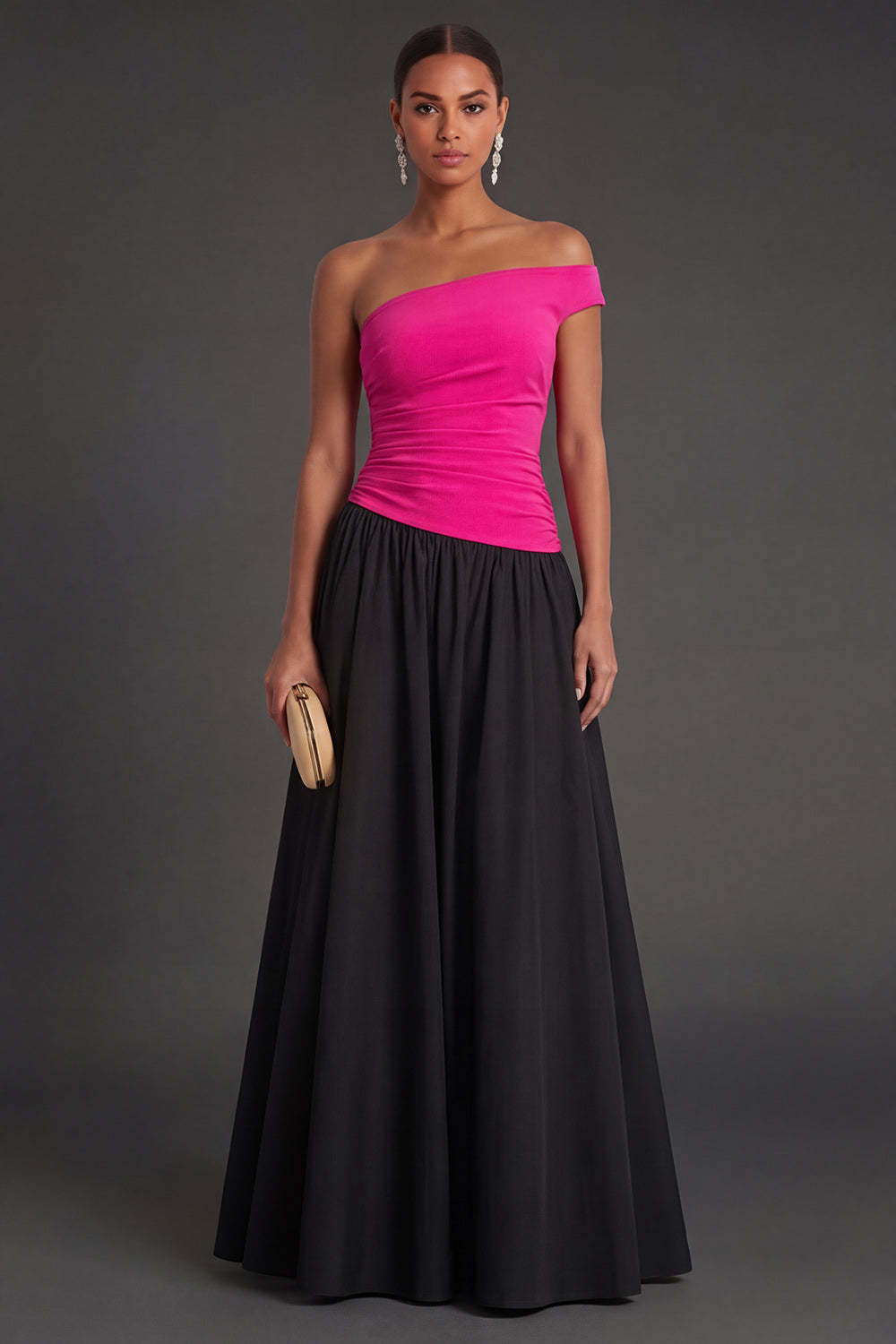 Leely Women Fuchsia and Black A Line Ruched Long Formal Dress One Shoulder Backless Sleeveless Wedding Guest Dress