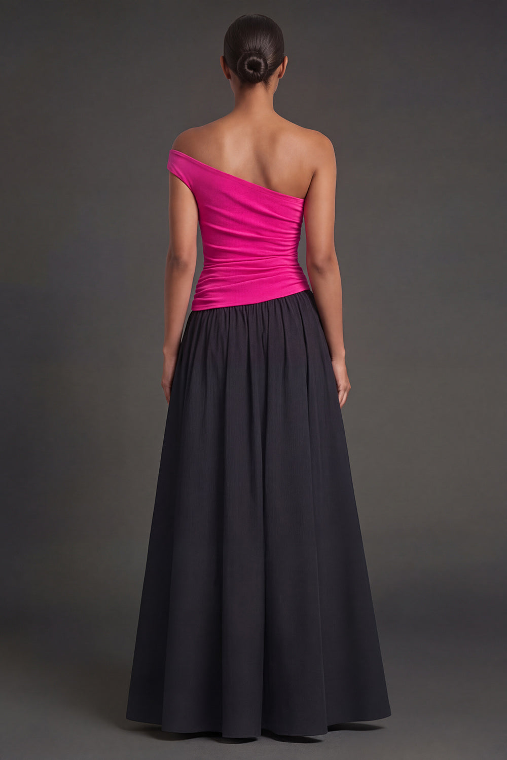 Fuchsia and Black A Line Ruched One Shoulder Long Formal Dress