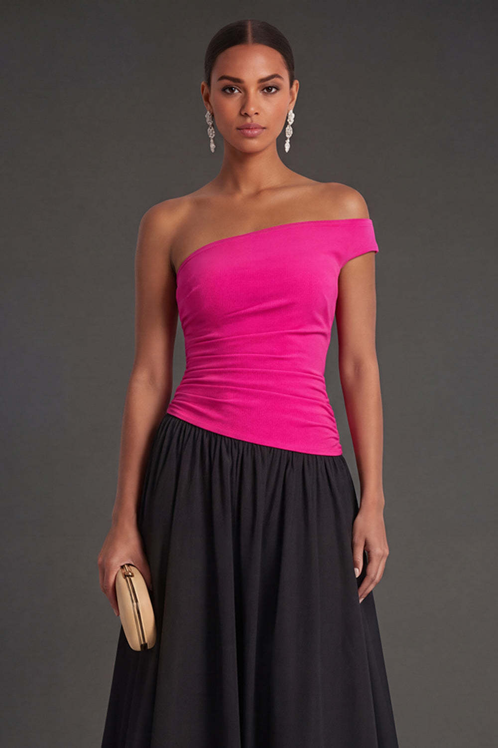 Fuchsia and Black A Line Ruched One Shoulder Long Formal Dress