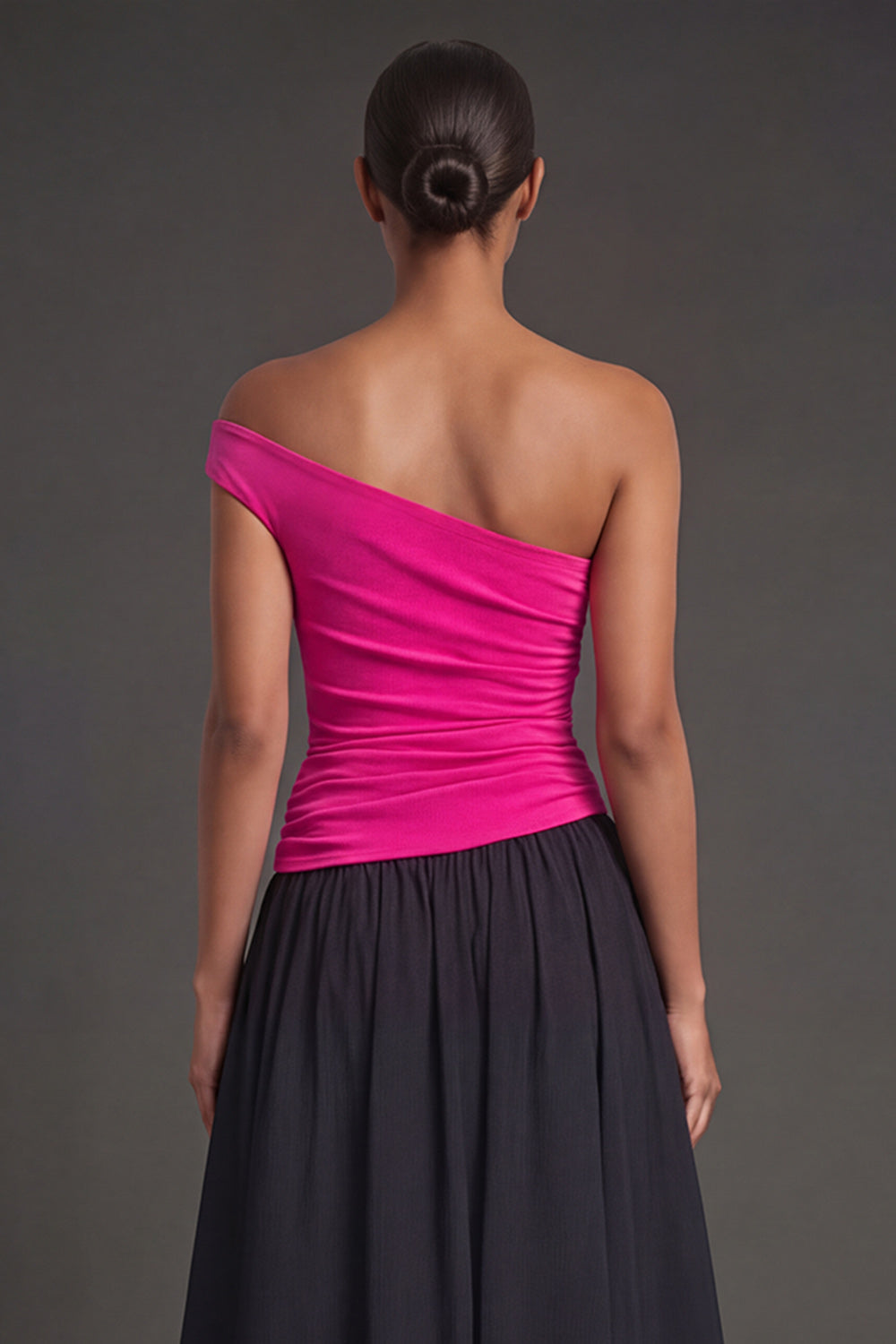 Fuchsia and Black A Line Ruched One Shoulder Long Formal Dress