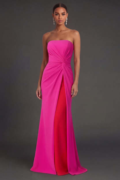 Leely Women Fuchsia and Red Mermaid Ruched Long Formal Dress with Slit Strapless Backless Sleeveless Evening Dress
