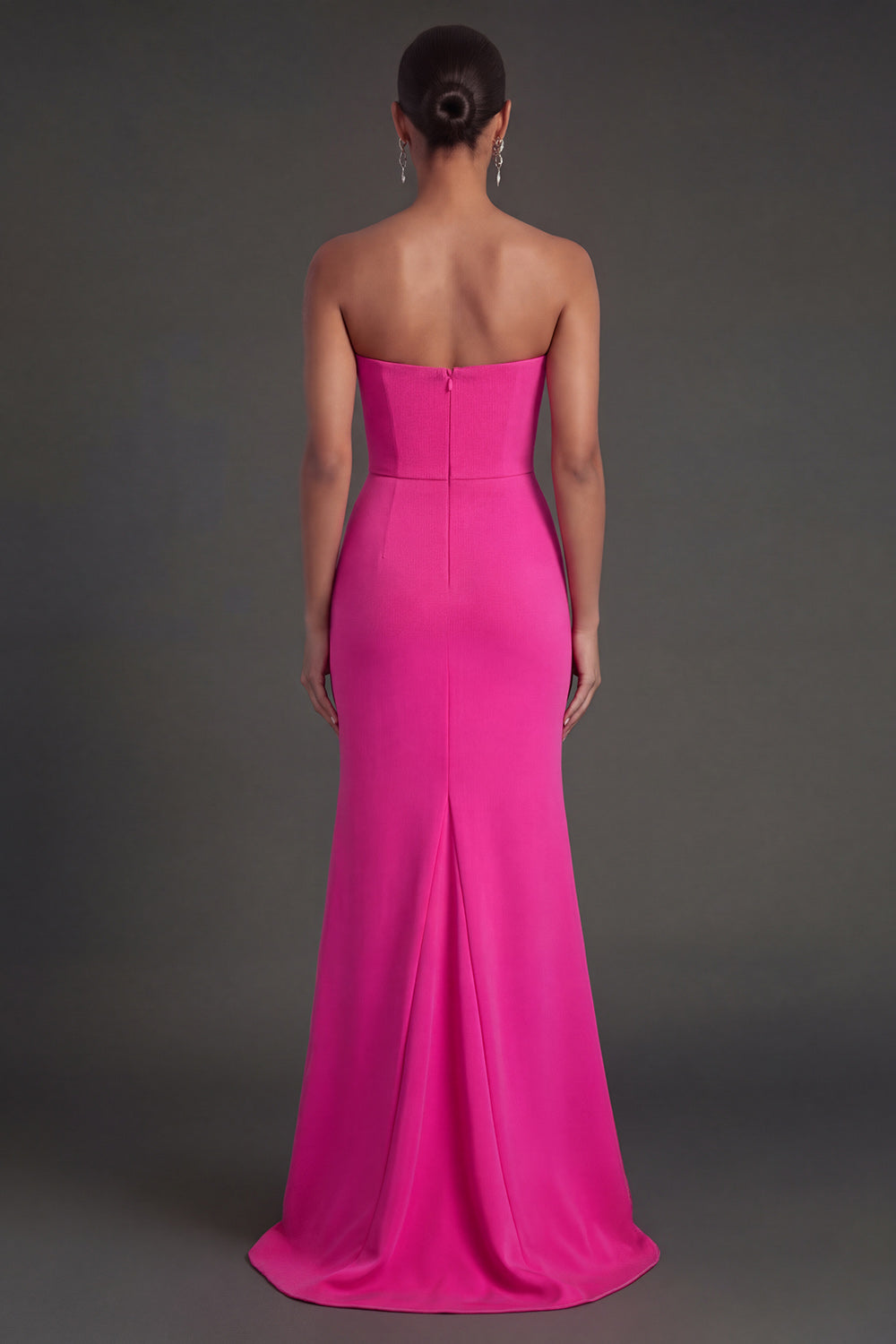 Fuchsia and Red Mermaid Ruched Strapless Backless Long Formal Dress with Slit