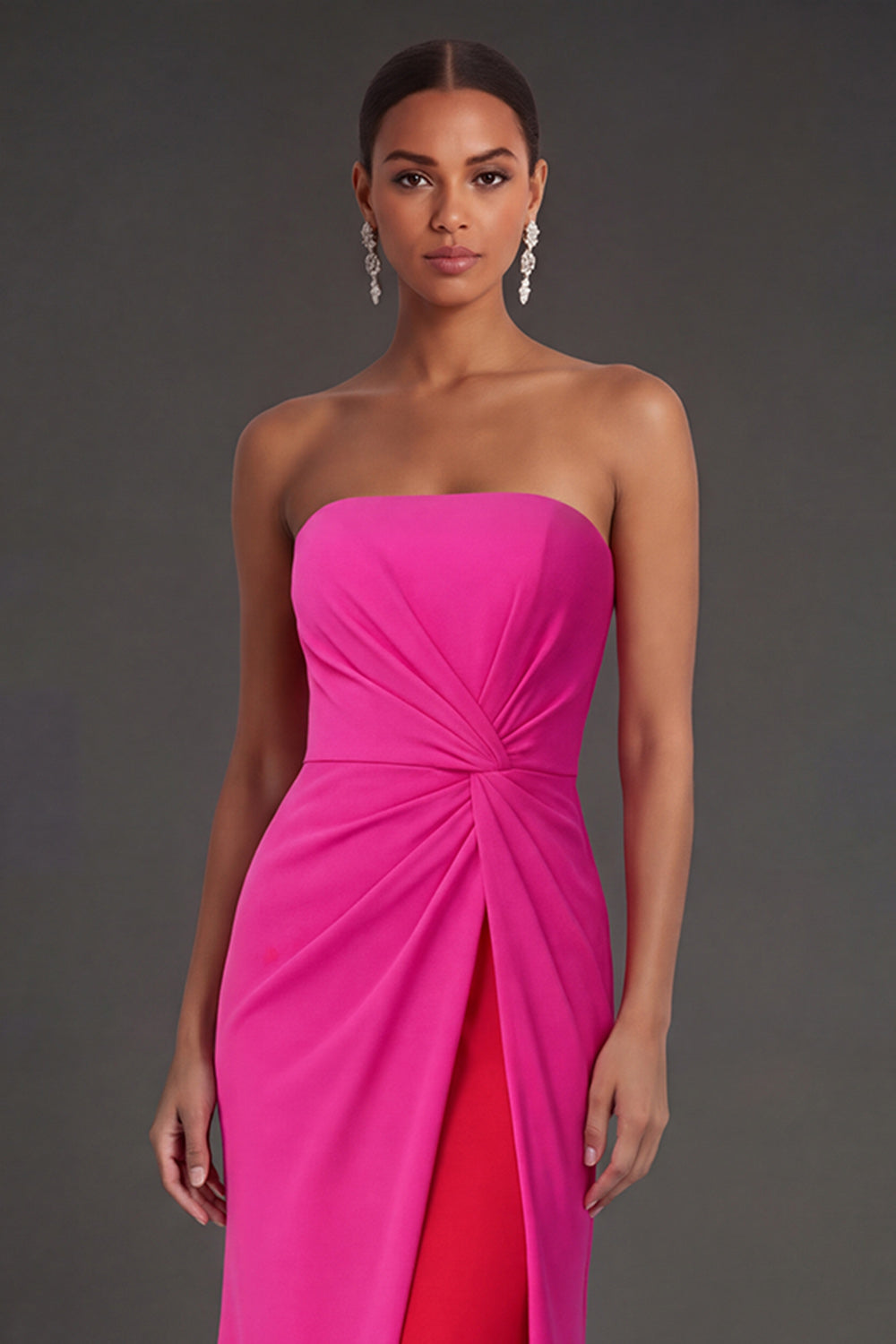 Fuchsia and Red Mermaid Ruched Strapless Backless Long Formal Dress with Slit