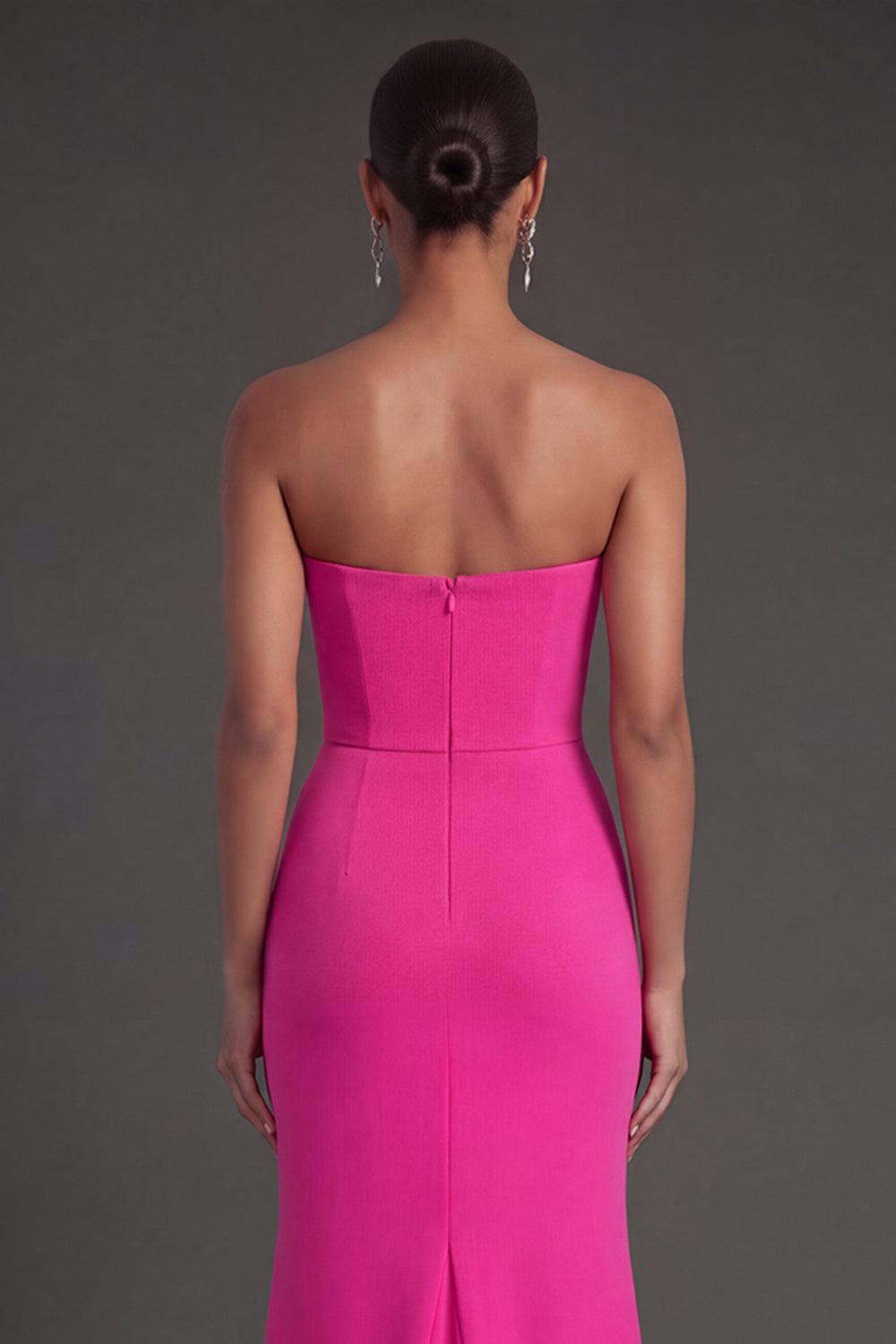 Fuchsia and Red Mermaid Ruched Strapless Backless Long Formal Dress with Slit