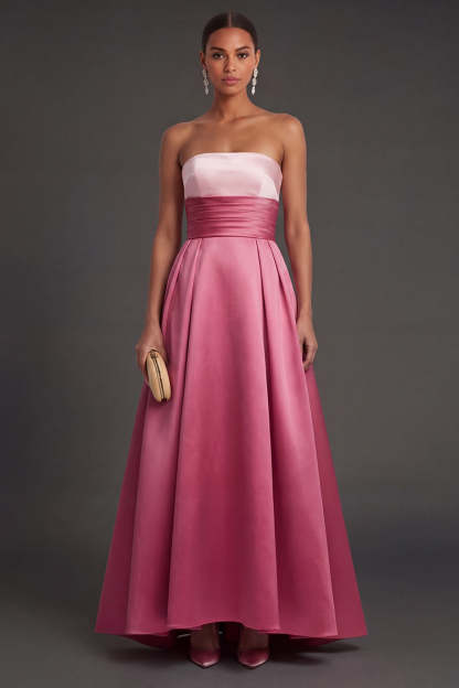 Leely Women Pink A Line Strapless Long Formal Dress Backless Sleeveless Wedding Guest Dress