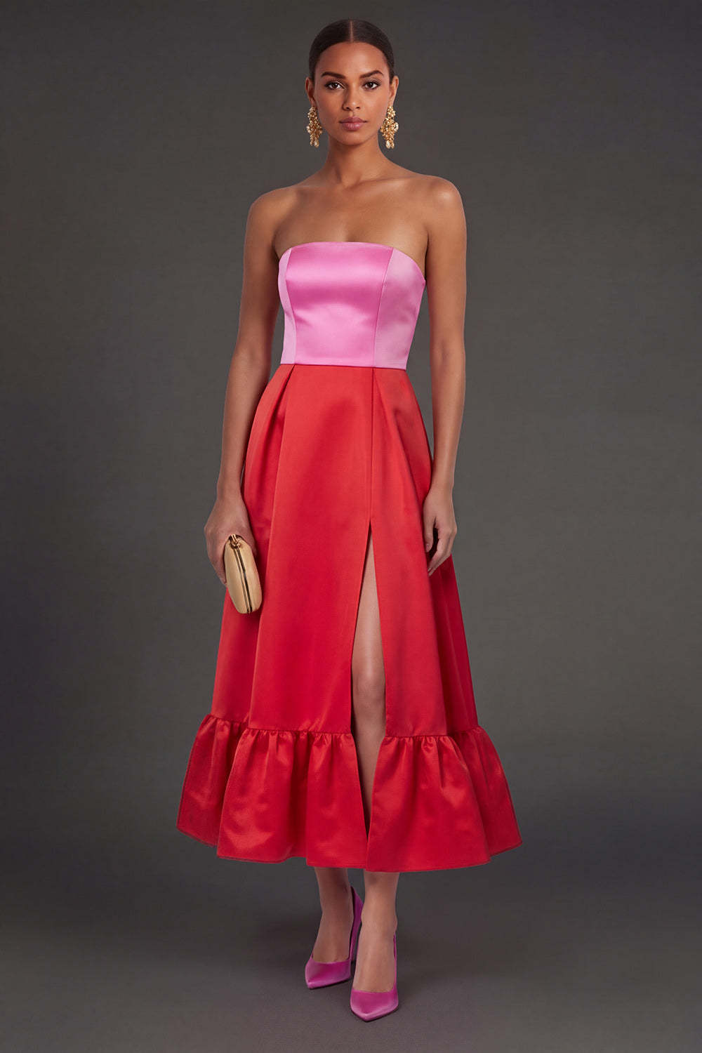 Leely Women Pink and Red A Line Ruffled Long Formal Dress with Slit Satin Strapless Backless Wedding Guest Dress