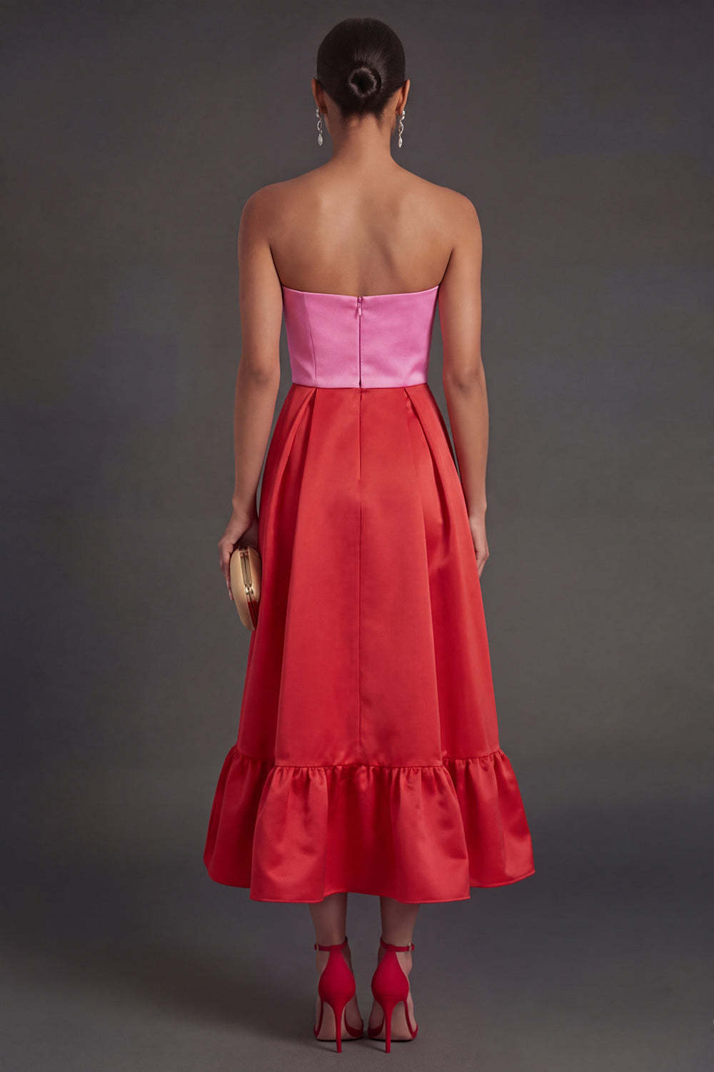 Pink and Red A Line Satin Strapless Ruffled Long Formal Dress with Slit