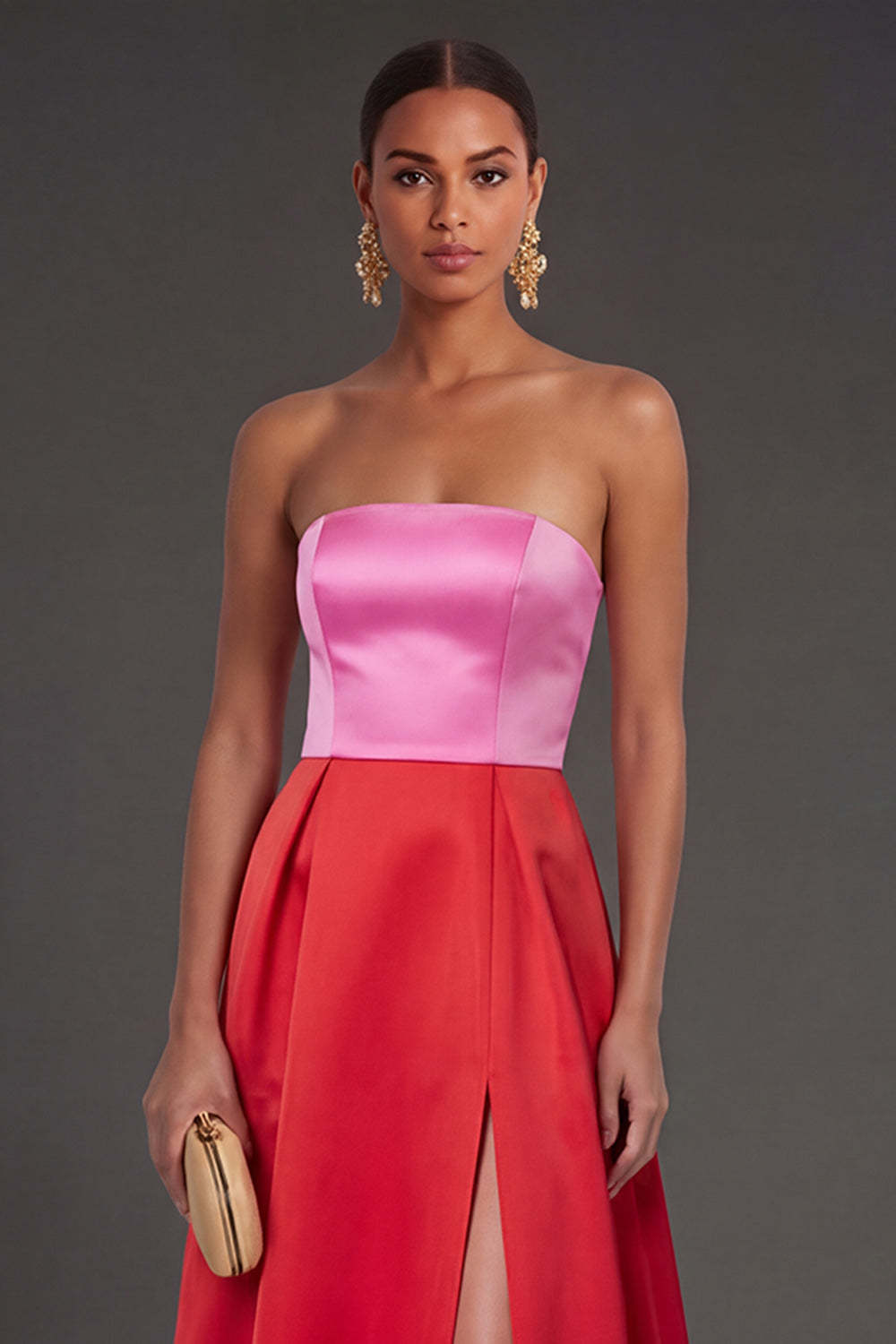Pink and Red A Line Satin Strapless Ruffled Long Formal Dress with Slit