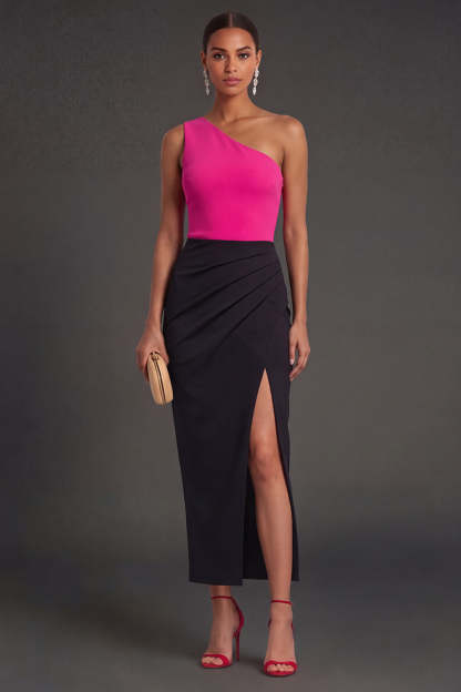 Leely Women Fuchsia and Black Mermaid Long Formal Dress with Slit Ruched One Shoulder Backless Wedding Guest Dress