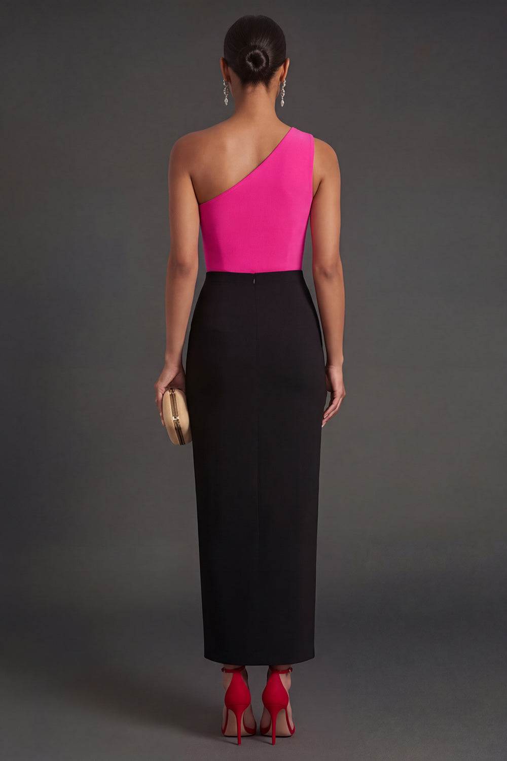 Fuchsia and Black Mermaid Ruched One Shoulder Long Formal Dress with Slit