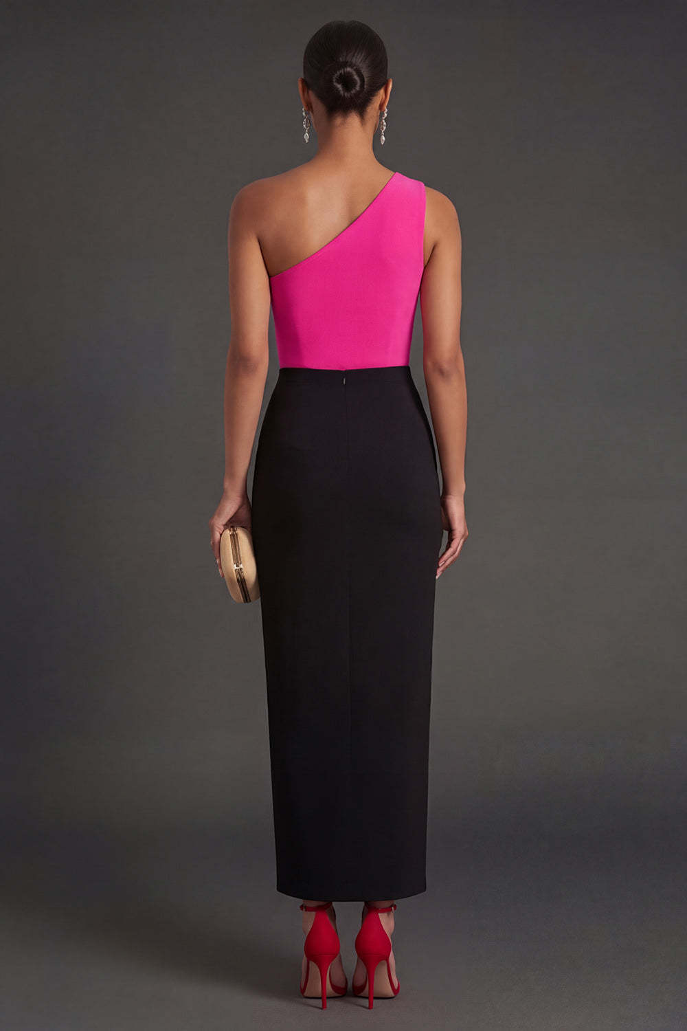 Fuchsia and Black Mermaid Ruched One Shoulder Long Formal Dress with Slit