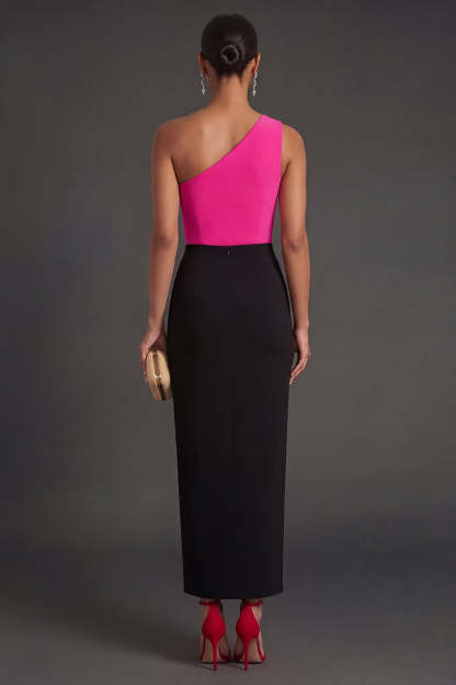 Fuchsia and Black Mermaid Ruched One Shoulder Long Formal Dress with Slit