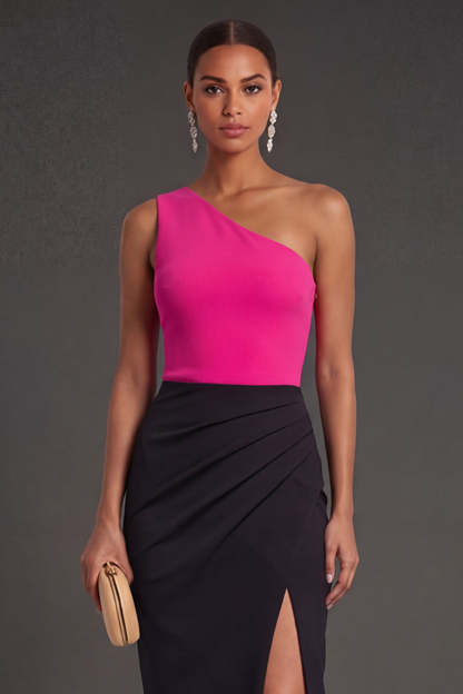 Fuchsia and Black Mermaid Ruched One Shoulder Long Formal Dress with Slit
