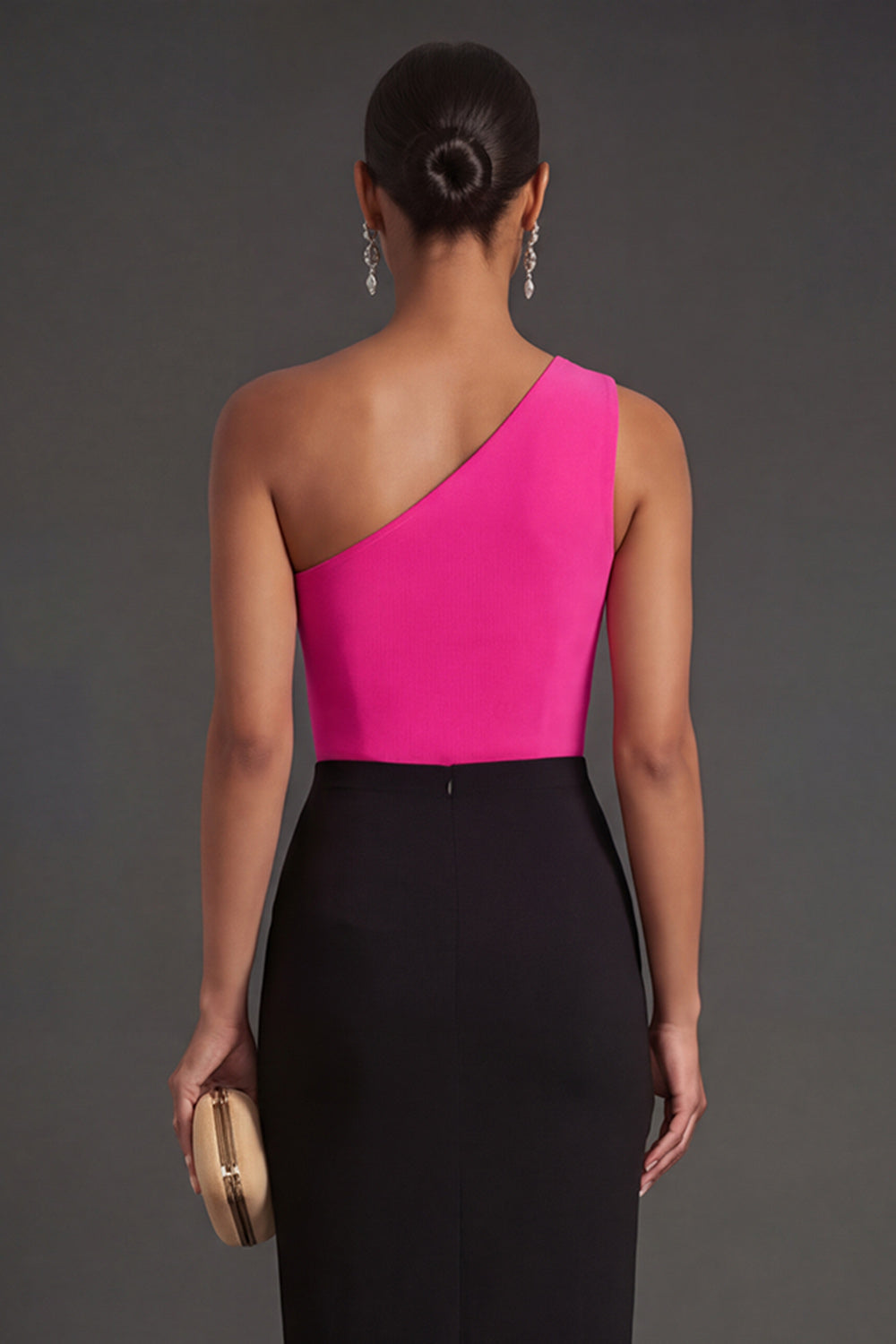 Fuchsia and Black Mermaid Ruched One Shoulder Long Formal Dress with Slit