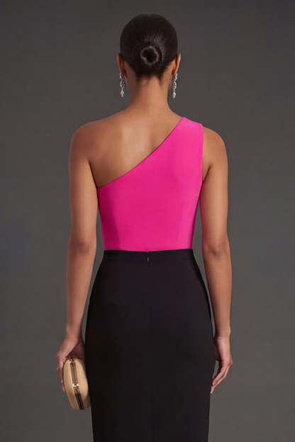 Fuchsia and Black Mermaid Ruched One Shoulder Long Formal Dress with Slit