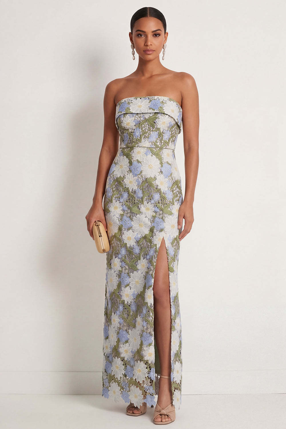 Leely Women Green Floral Sheath Appliqued Long Formal Dress with Slit Strapless Sleeveless Backless Wedding Guest Dress