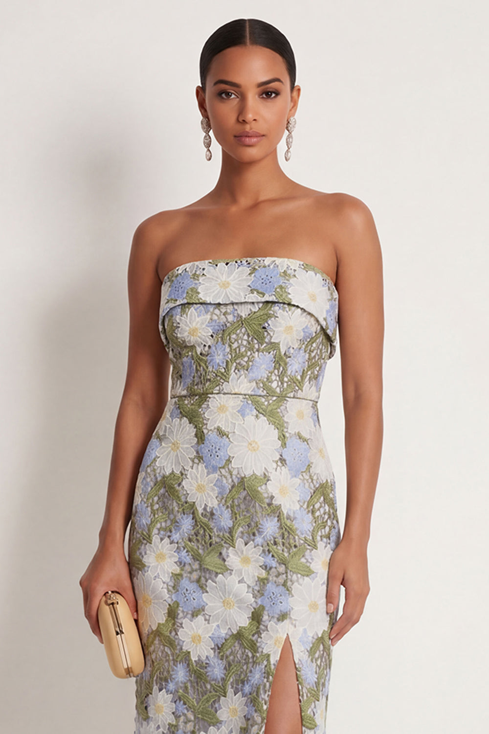 Green Floral Sheath Appliqued Strapless Long Formal Dress with Slit