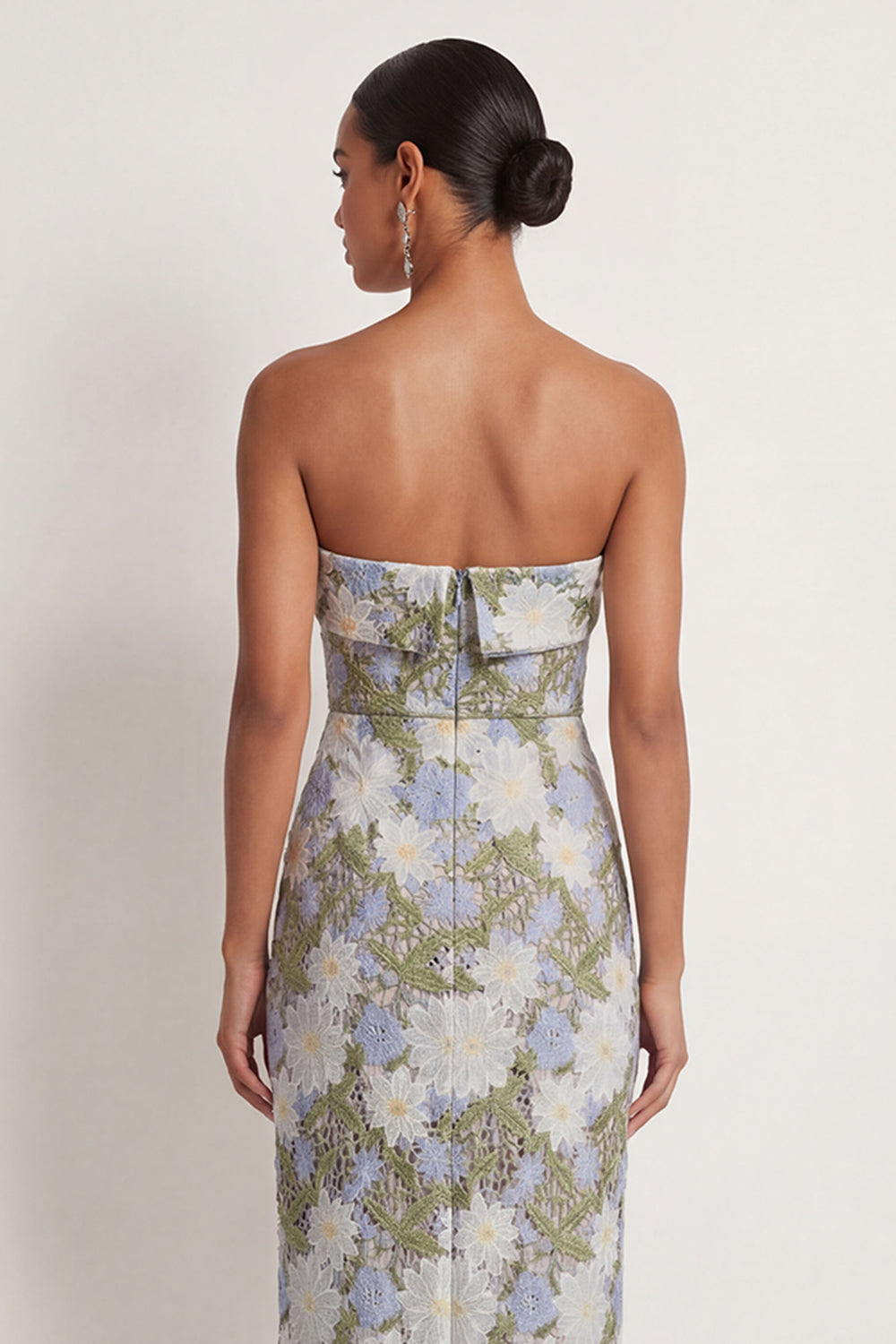 Green Floral Sheath Appliqued Strapless Long Formal Dress with Slit