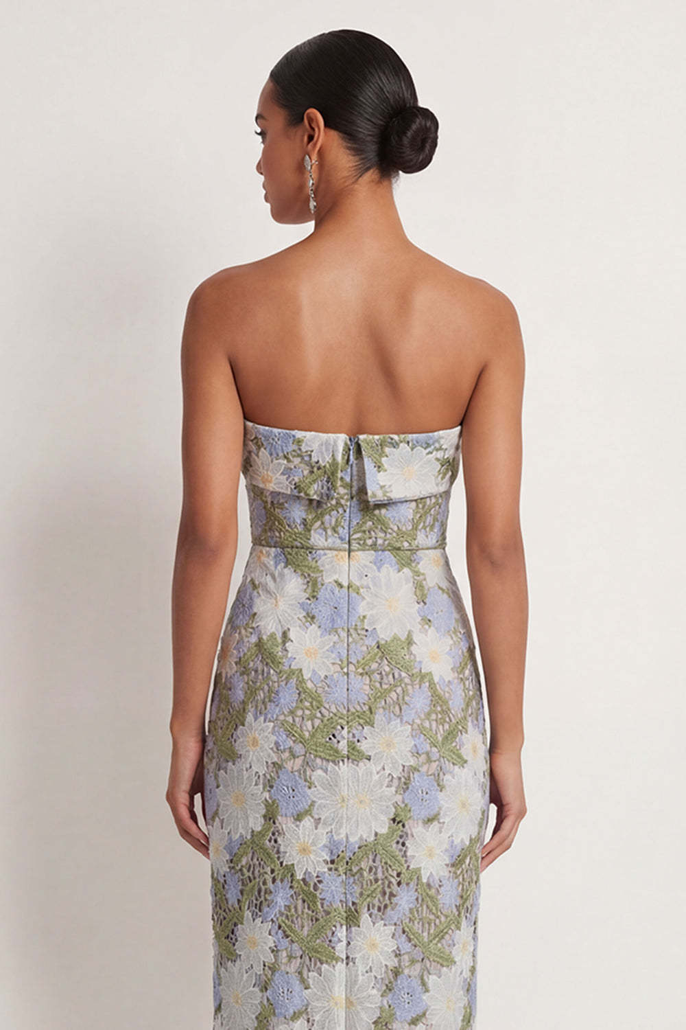 Green Floral Sheath Appliqued Strapless Long Formal Dress with Slit