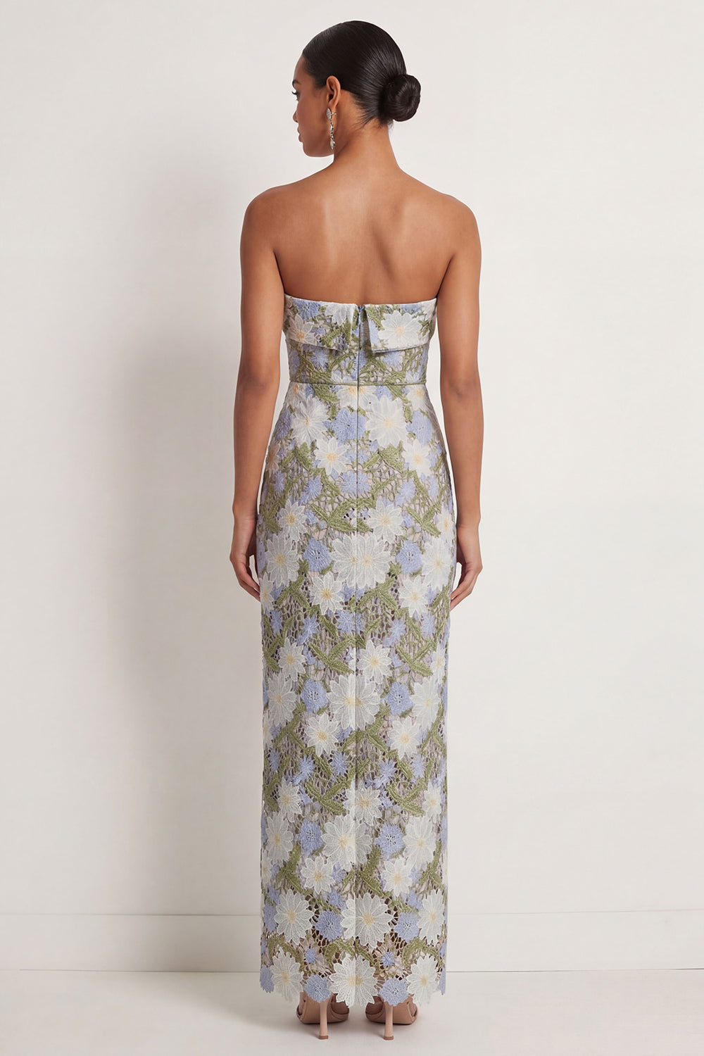 Green Floral Sheath Appliqued Strapless Long Formal Dress with Slit