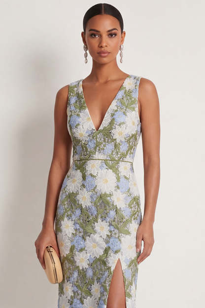 Green Floral Sheath Appliqued V Neck Long Formal Dress with Slit