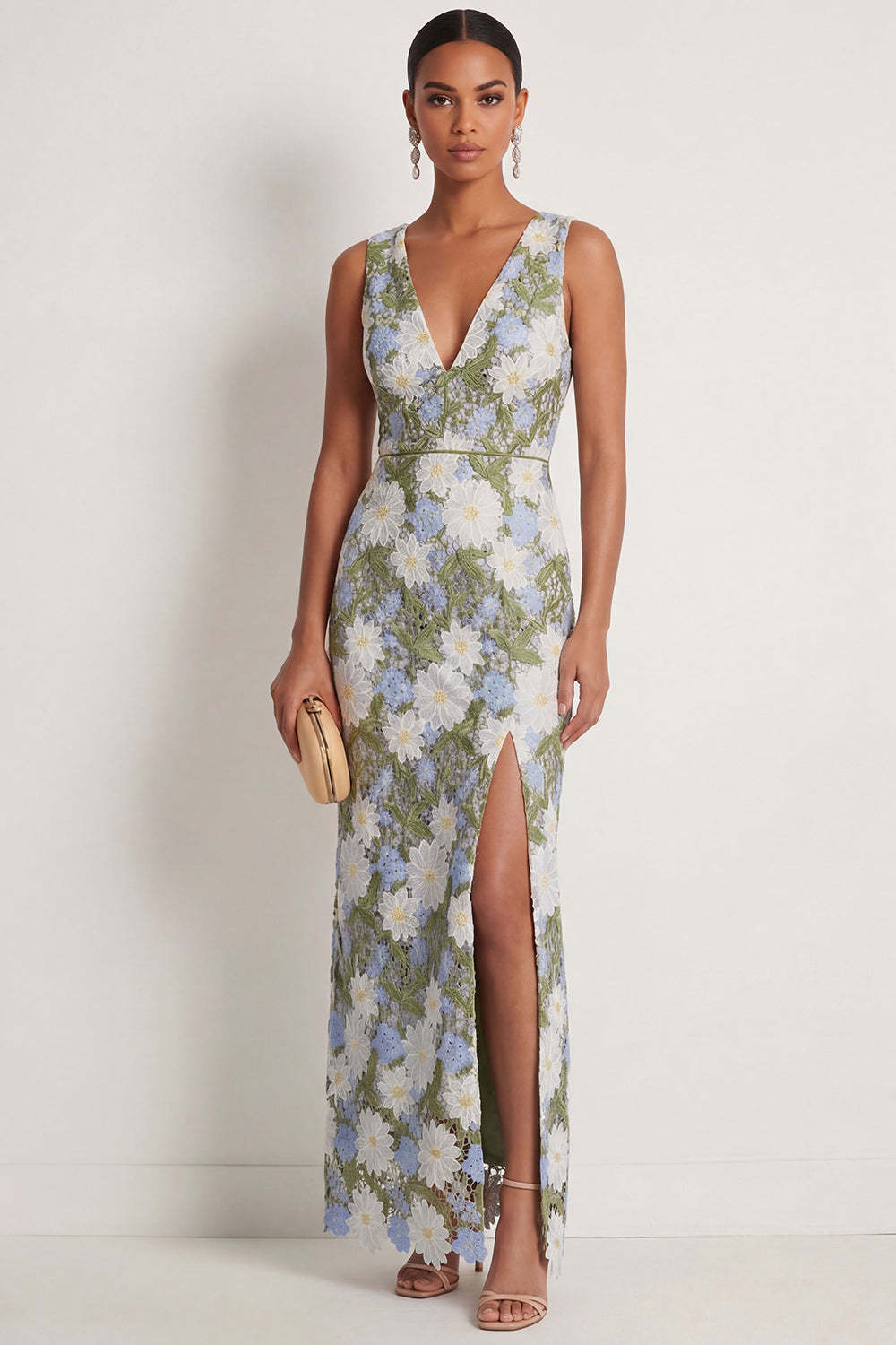 Leely Women Green Floral Sheath Appliqued Long Formal Dress with Slit V Neck Sleeveless Backless Wedding Guest Dress