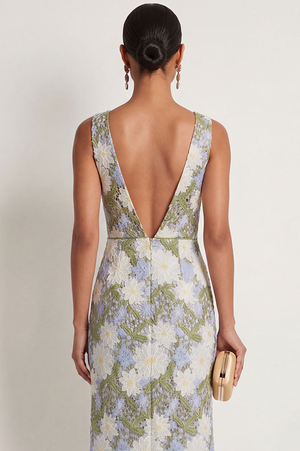 Green Floral Sheath Appliqued V Neck Long Formal Dress with Slit