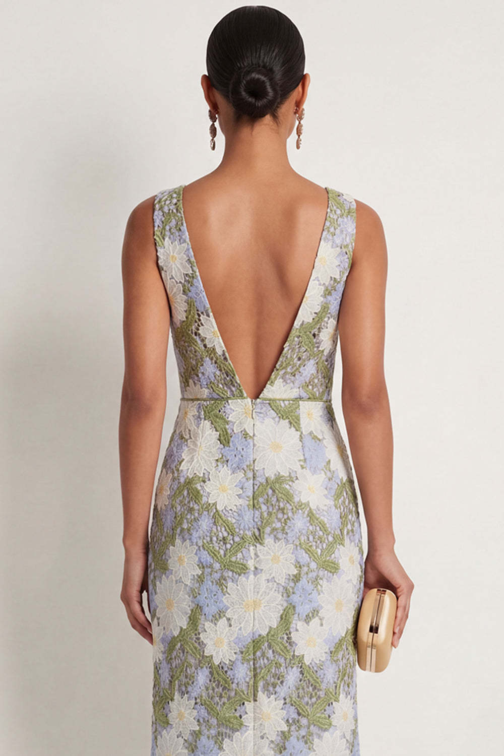 Green Floral Sheath Appliqued V Neck Long Formal Dress with Slit