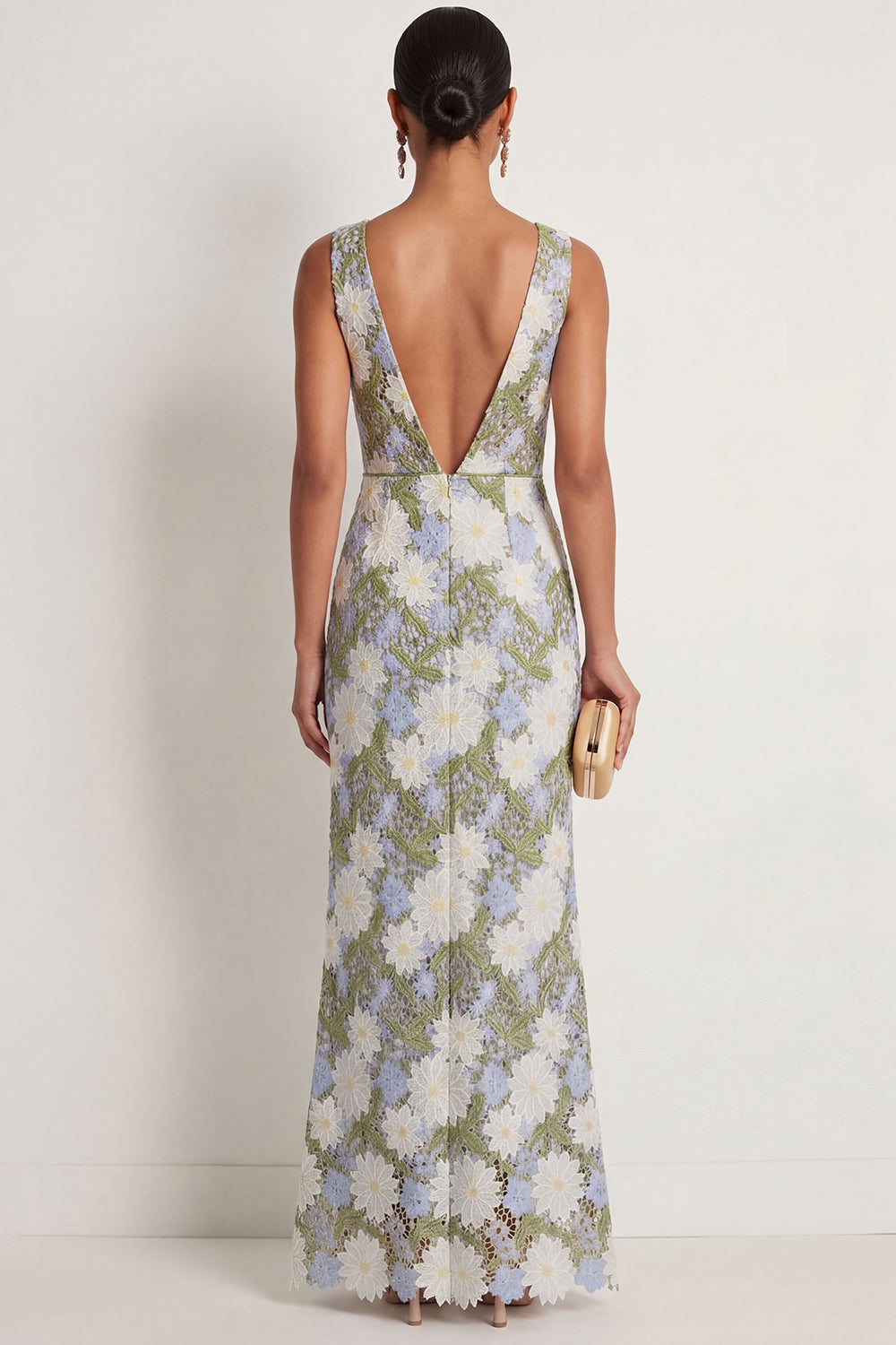 Green Floral Sheath Appliqued V Neck Long Formal Dress with Slit