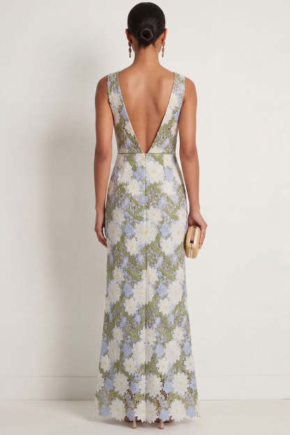 Green Floral Sheath Appliqued V Neck Long Formal Dress with Slit