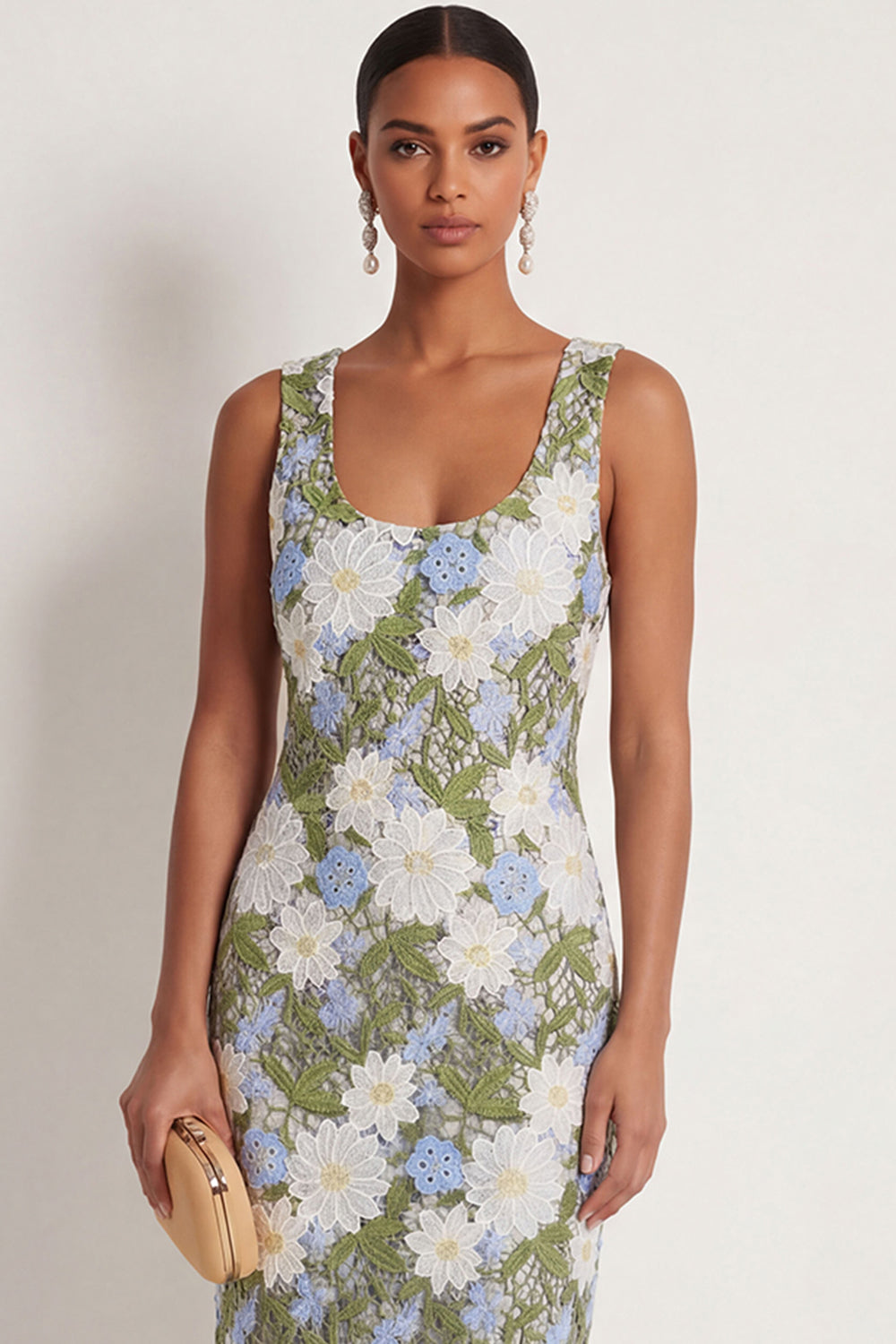 Floral Green Sheath Appliqued Square Neck Long Formal Dress