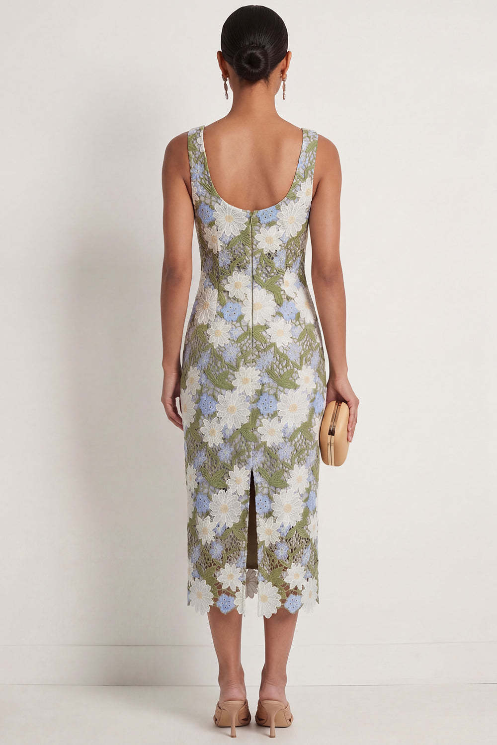 Floral Green Sheath Appliqued Square Neck Long Formal Dress